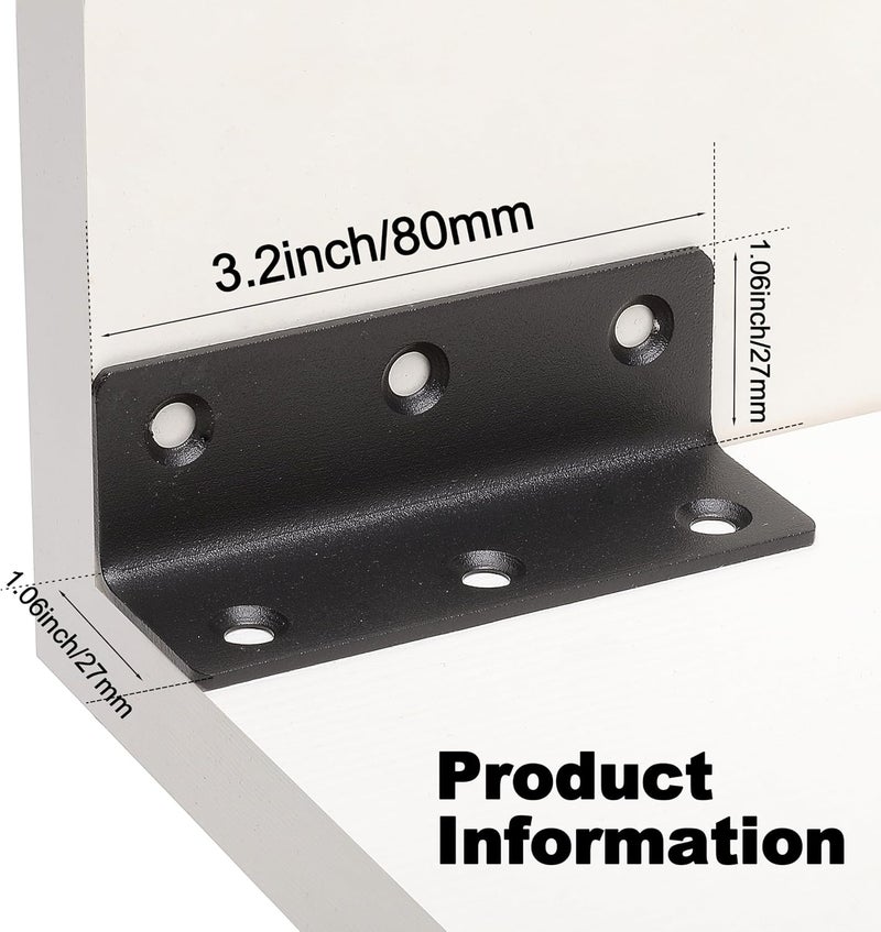 Redunest L Bracket, Heavy Duty Corner Brace, 10 Pack 3.2" Metal Shelf Bracket Angle Bracket for Shelves, Black Metal Braces for Wood, 80mm Overall Length - Image 2